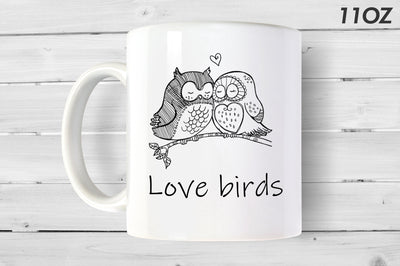 Love Birds Owl Mug - White Ceramic 11 OZ Mug - Gift for couples - Kitchen - Romance - Love - Quotes - Valentine's Day - Home - Owls - Pets